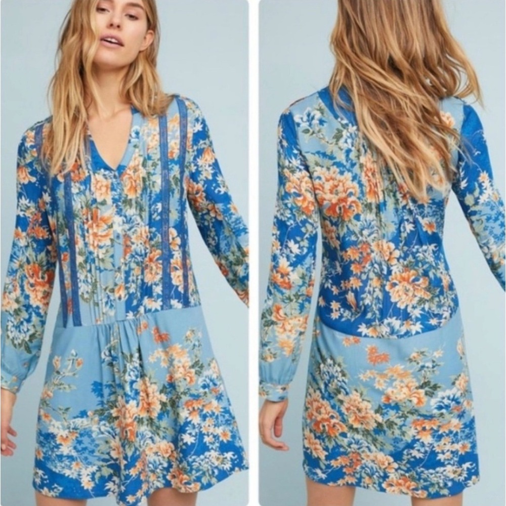 Anthropologie Tiny Blue Floral Mini Dress Women Large Blue Lace Trim Long Sleeve
